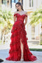 Adora 3214 presents a Tiered A-line Slit Gown with Off-Shoulder Applique Design