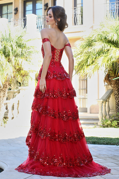 Adora 3214 presents a Tiered A-line Slit Gown with Off-Shoulder Applique Design