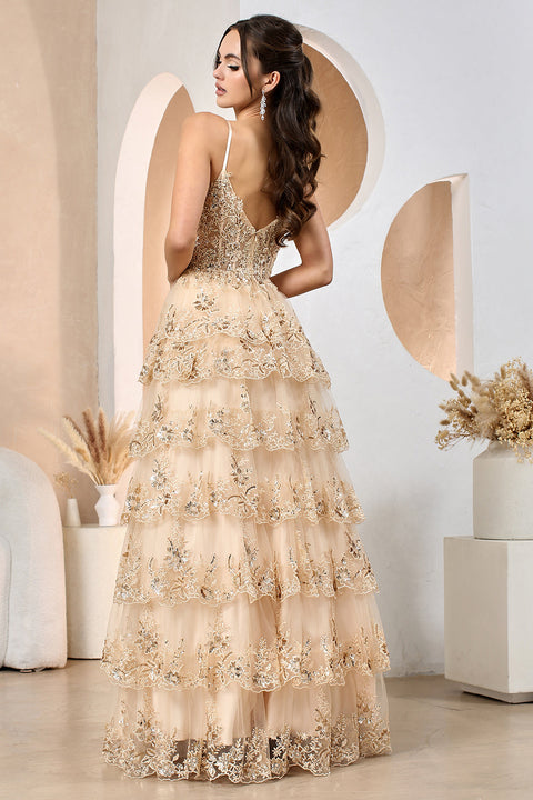 Adora 3217 A-line Gown with Sleeveless Tiered Design and Delicate Lace Applique Featuring a Slit