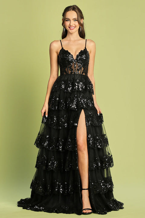 Adora 3218's A-line Slit Gown with Tiered Sleeveless Applique Design