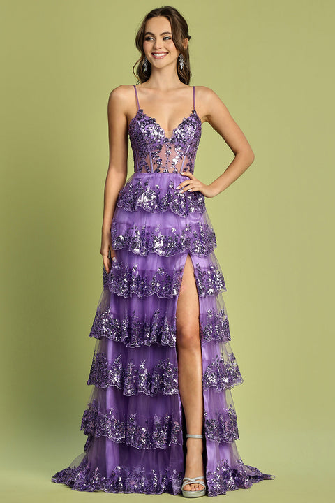 Adora 3218's A-line Slit Gown with Tiered Sleeveless Applique Design