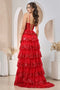Adora 3218's A-line Slit Gown with Tiered Sleeveless Applique Design