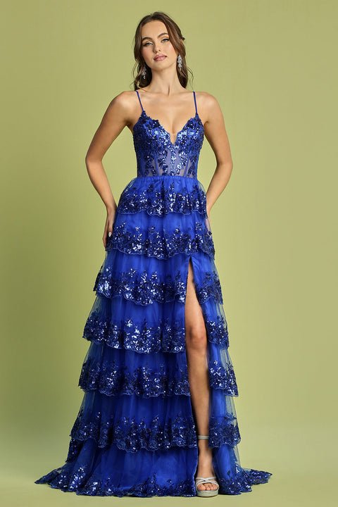 Adora 3218's A-line Slit Gown with Tiered Sleeveless Applique Design