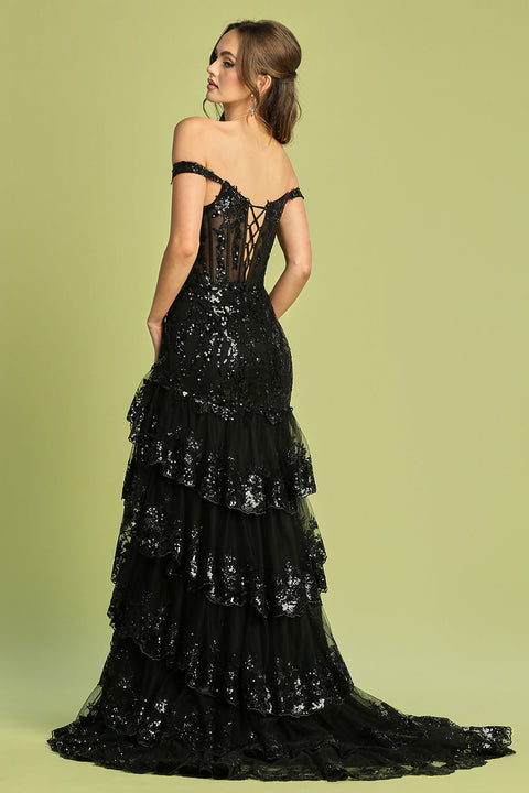Adora 3220's Layered Slit Off Shoulder Fitted Gown with Applique Details