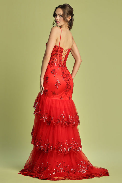 Adora 3221 presents Sleeveless Tiered Slit Gown with Applique Fit