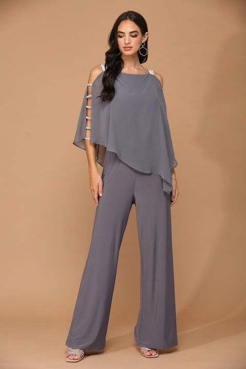 Formal Chiffon Cape Overlay Pants Suit