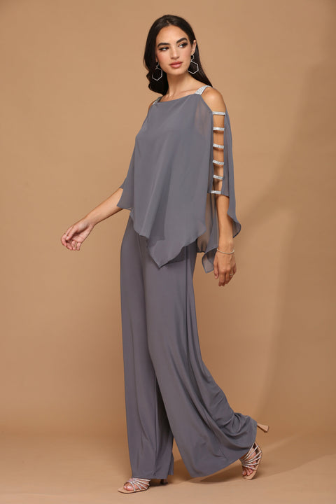 Formal Chiffon Cape Overlay Pants Suit