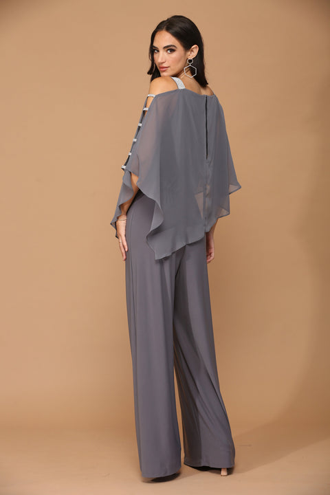 Formal Chiffon Cape Overlay Pants Suit
