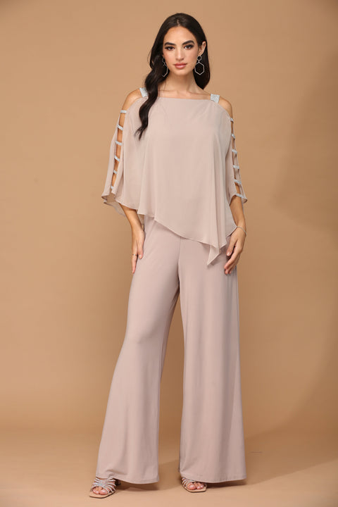 Formal Chiffon Cape Overlay Pants Suit