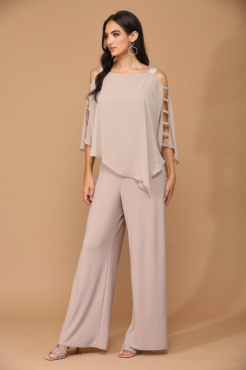 Formal Chiffon Cape Overlay Pants Suit