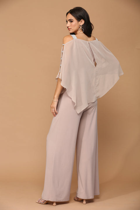 Formal Chiffon Cape Overlay Pants Suit