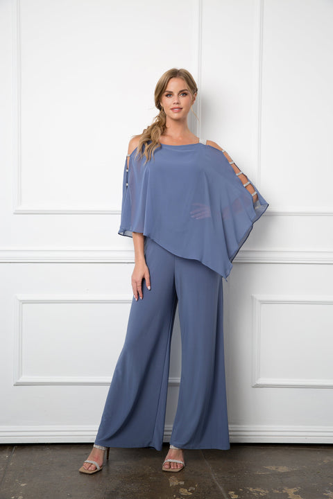 Formal Chiffon Cape Overlay Pants Suit