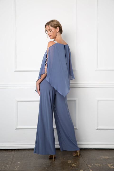 Formal Chiffon Cape Overlay Pants Suit