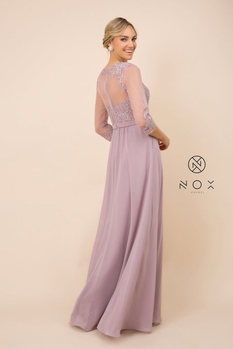 Chiffon 3/4 Sleeve Gown with Appliques by Nox Anabel Y532