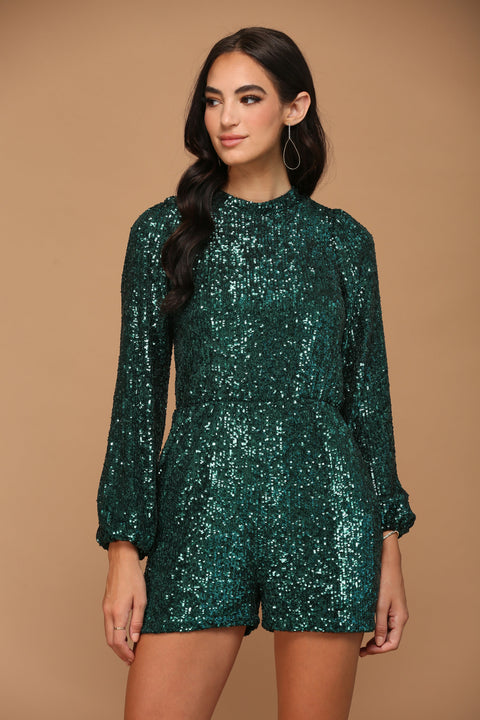 Long Sleeve Sequins Short Cocktail Prom Jumpsuit
