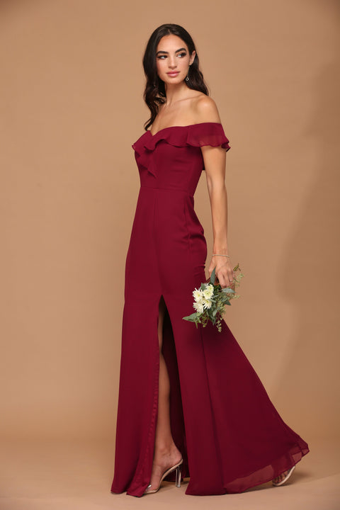 Formal Bridesmaids Chiffon Dress with Long Off Shoulder