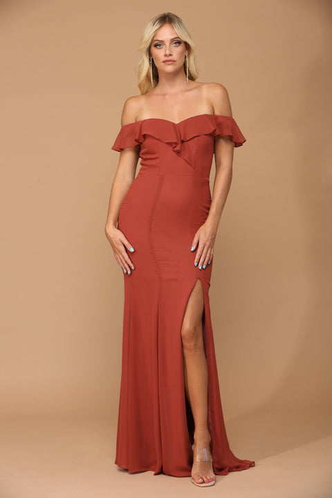 Formal Bridesmaids Chiffon Dress with Long Off Shoulder