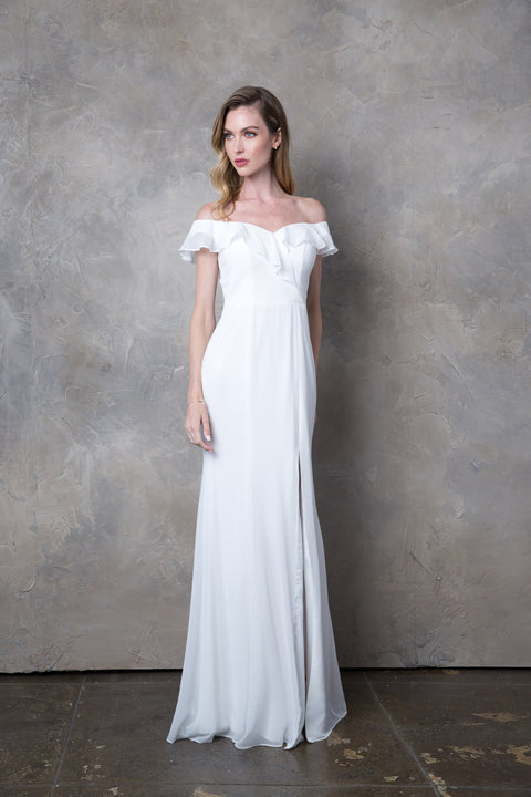 Formal Bridesmaids Chiffon Dress with Long Off Shoulder