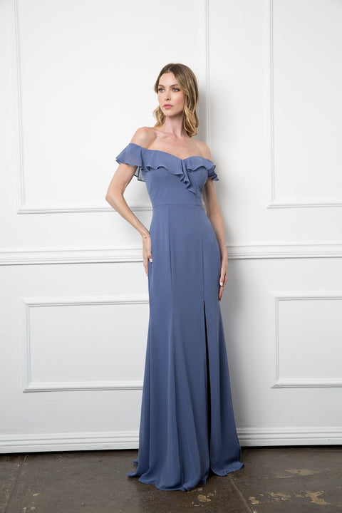 Formal Bridesmaids Chiffon Dress with Long Off Shoulder