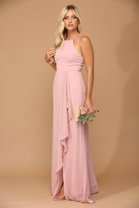 Long Formal Chiffon Halter Bridesmaids Dress