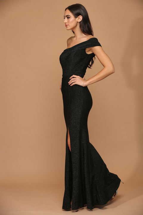 Long Metallic One Shoulder Formal Prom Dress