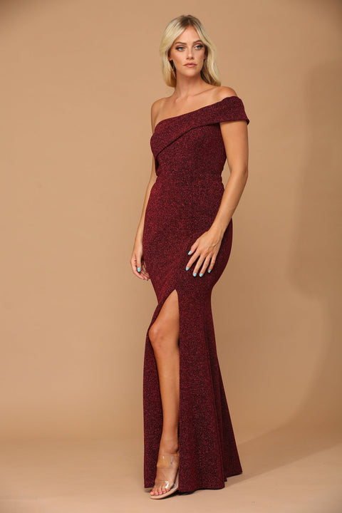 Long Metallic One Shoulder Formal Prom Dress