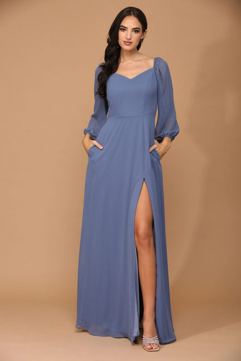 Long Sleeve Formal Chiffon Dress Casual Wedding Dress