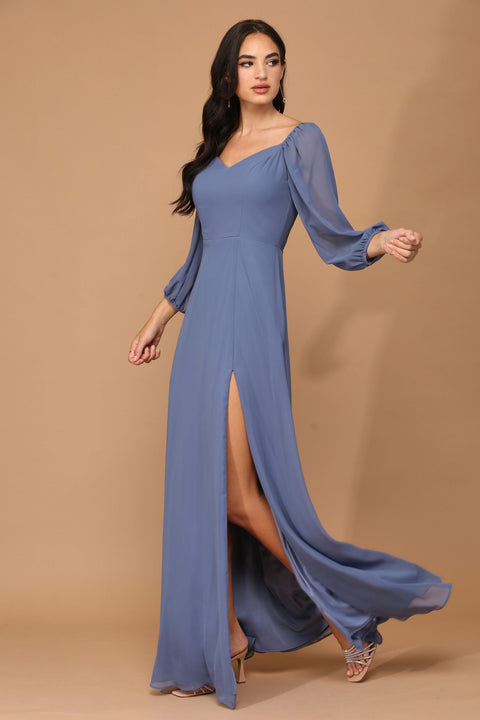 Long Sleeve Formal Chiffon Dress Casual Wedding Dress