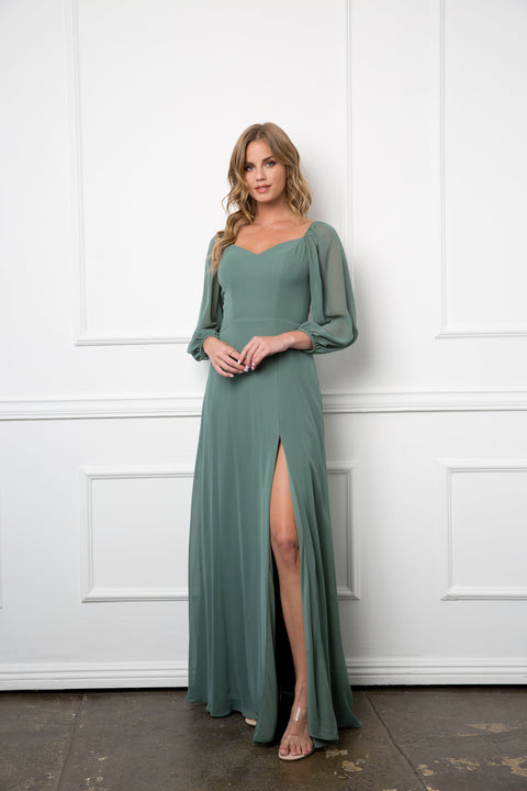 Long Sleeve Formal Chiffon Dress Casual Wedding Dress