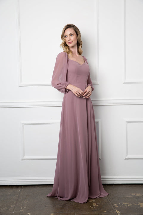 Long Sleeve Formal Chiffon Dress Casual Wedding Dress
