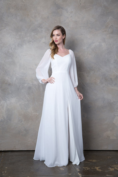 Long Sleeve Formal Chiffon Dress Casual Wedding Dress