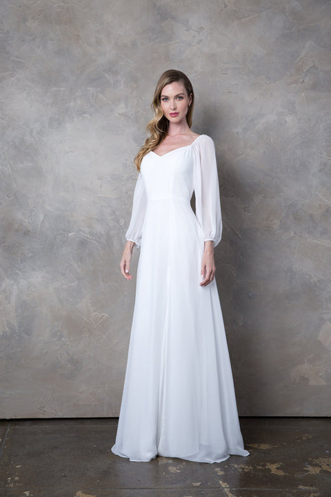 Long Sleeve Formal Chiffon Dress Casual Wedding Dress
