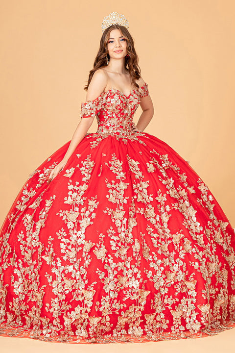 Elizabeth K GL3077: Off-Shoulder Ball Gown with 3D Butterfly Detailing