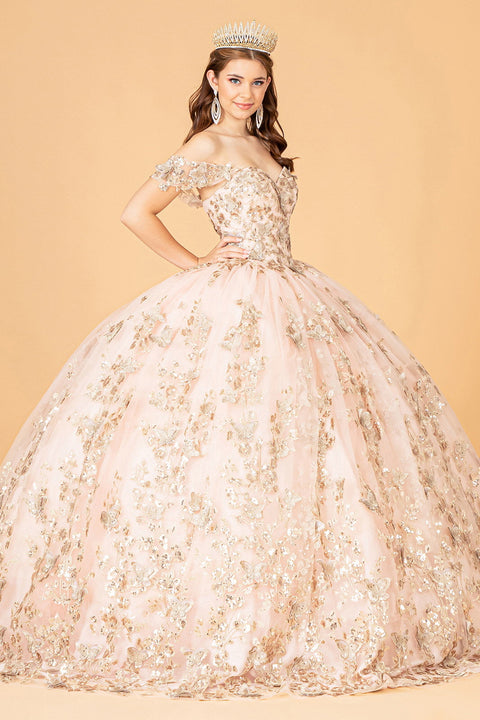 Elizabeth K GL3077: Off-Shoulder Ball Gown with 3D Butterfly Detailing