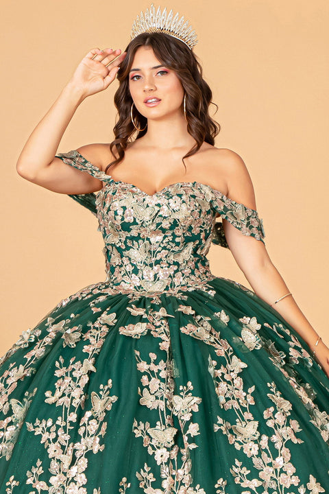 Elizabeth K GL3077: Off-Shoulder Ball Gown with 3D Butterfly Detailing