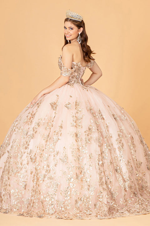 Elizabeth K GL3077: Off-Shoulder Ball Gown with 3D Butterfly Detailing