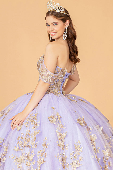 Elizabeth K GL3077: Off-Shoulder Ball Gown with 3D Butterfly Detailing