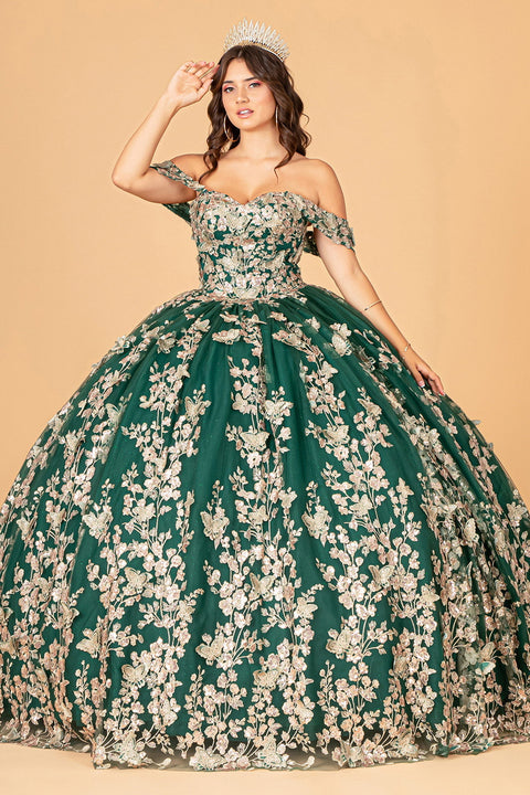 Elizabeth K GL3077: Off-Shoulder Ball Gown with 3D Butterfly Detailing