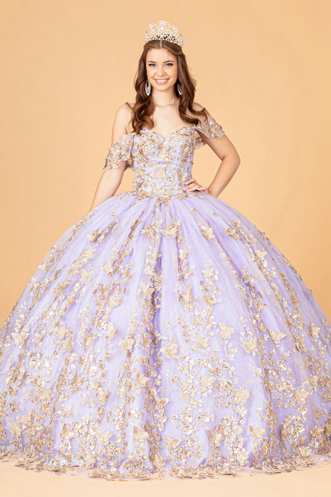 Elizabeth K GL3077: Off-Shoulder Ball Gown with 3D Butterfly Detailing