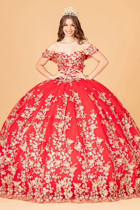 Elizabeth K GL3077: Off-Shoulder Ball Gown with 3D Butterfly Detailing