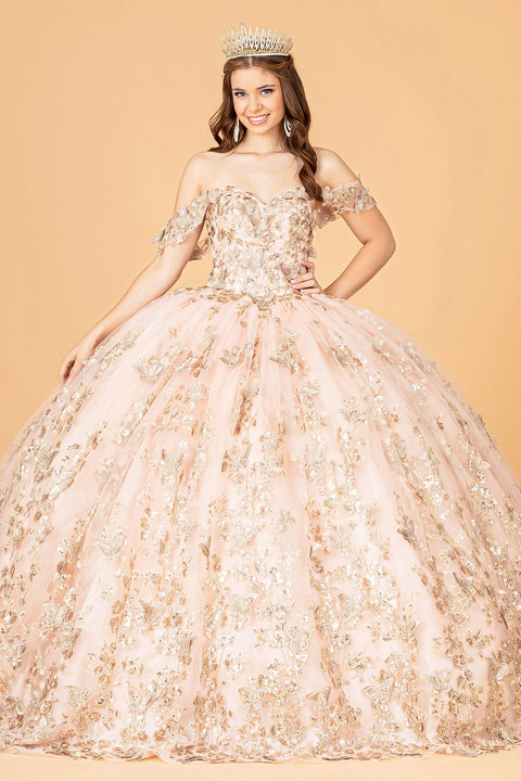 Elizabeth K GL3077: Off-Shoulder Ball Gown with 3D Butterfly Detailing