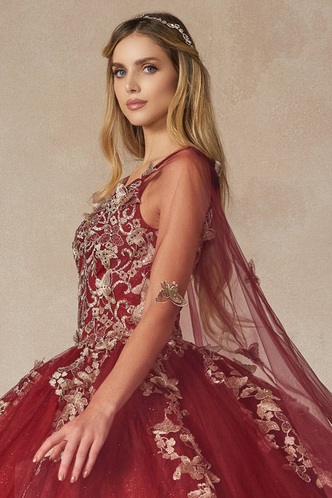 Sleeveless 3D Butterfly Cape Ball Gown by Juliet 1442