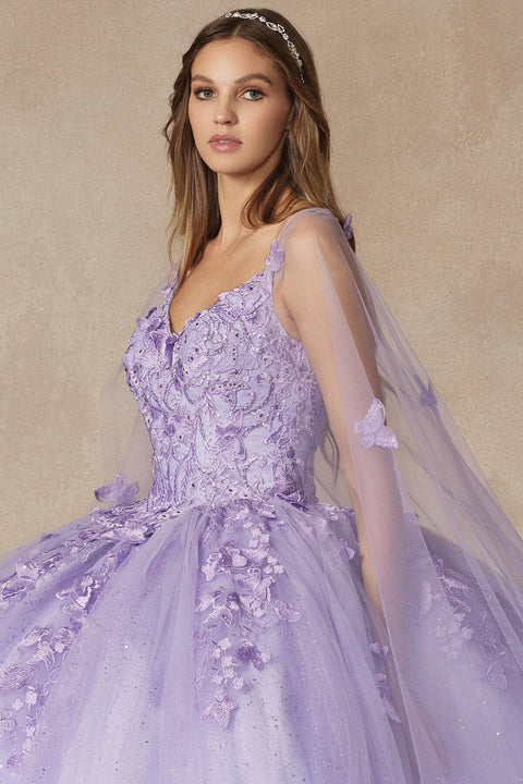 Sleeveless 3D Butterfly Cape Ball Gown by Juliet 1442