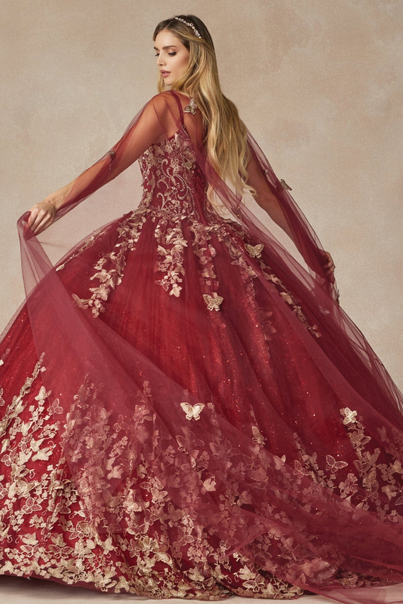 Sleeveless 3D Butterfly Cape Ball Gown by Juliet 1442– sheerdreamz