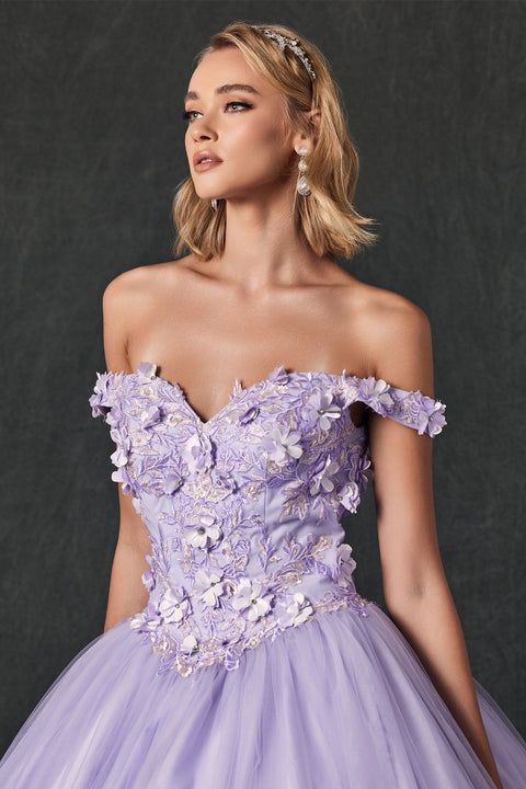Floral Off Shoulder Ball Gown in 3D by Juliet 1434