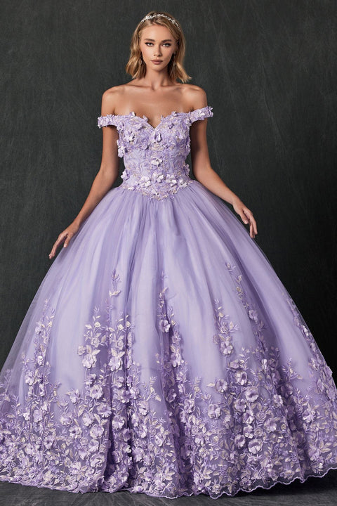 Floral Off Shoulder Ball Gown in 3D by Juliet 1434