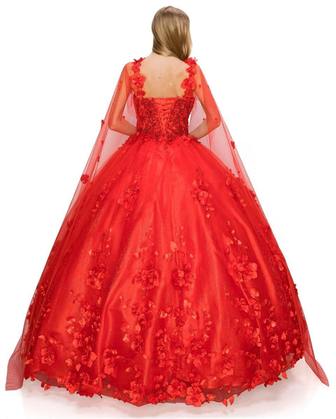 3D Cape Floral Ball Gown by Cinderella Couture 8030J