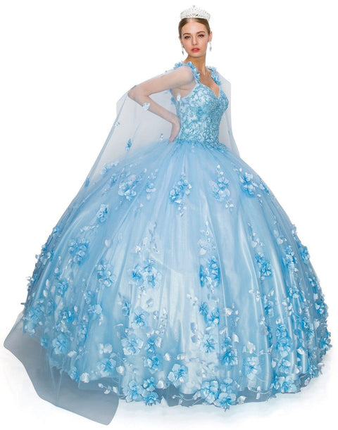 3D Cape Floral Ball Gown by Cinderella Couture 8030J