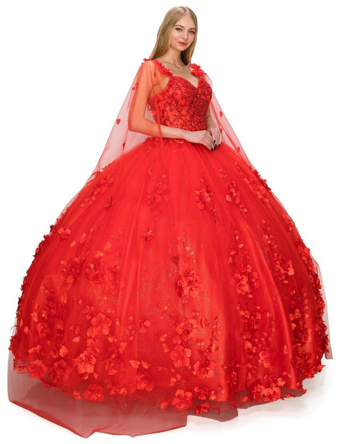 3D Cape Floral Ball Gown by Cinderella Couture 8030J