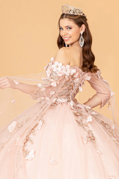 Cape Sleeve with 3D Floral Ball Gown by Elizabeth K GL3075